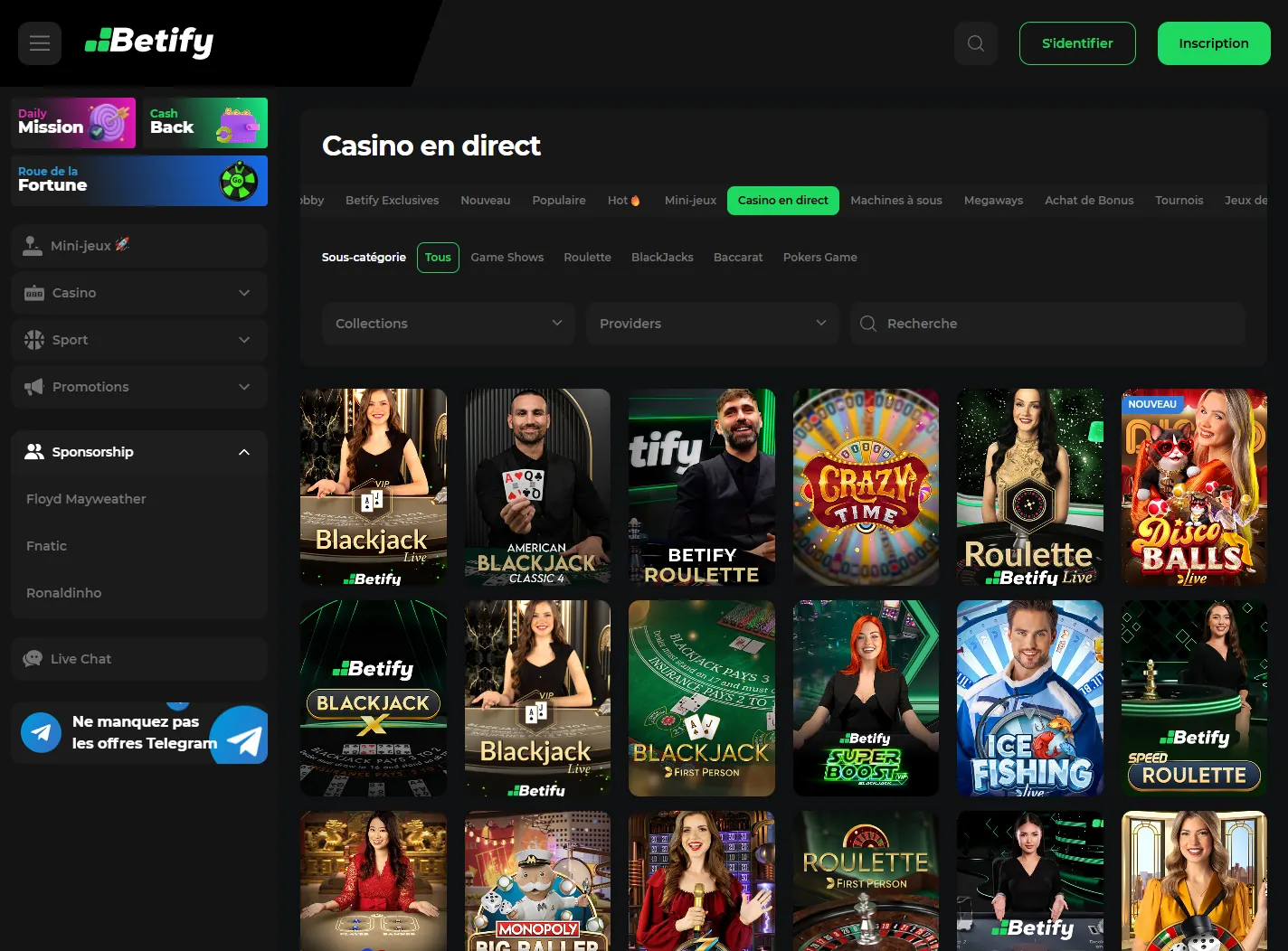 Lobby du casino en direct Betify avec blackjack, roulette et Crazy Time