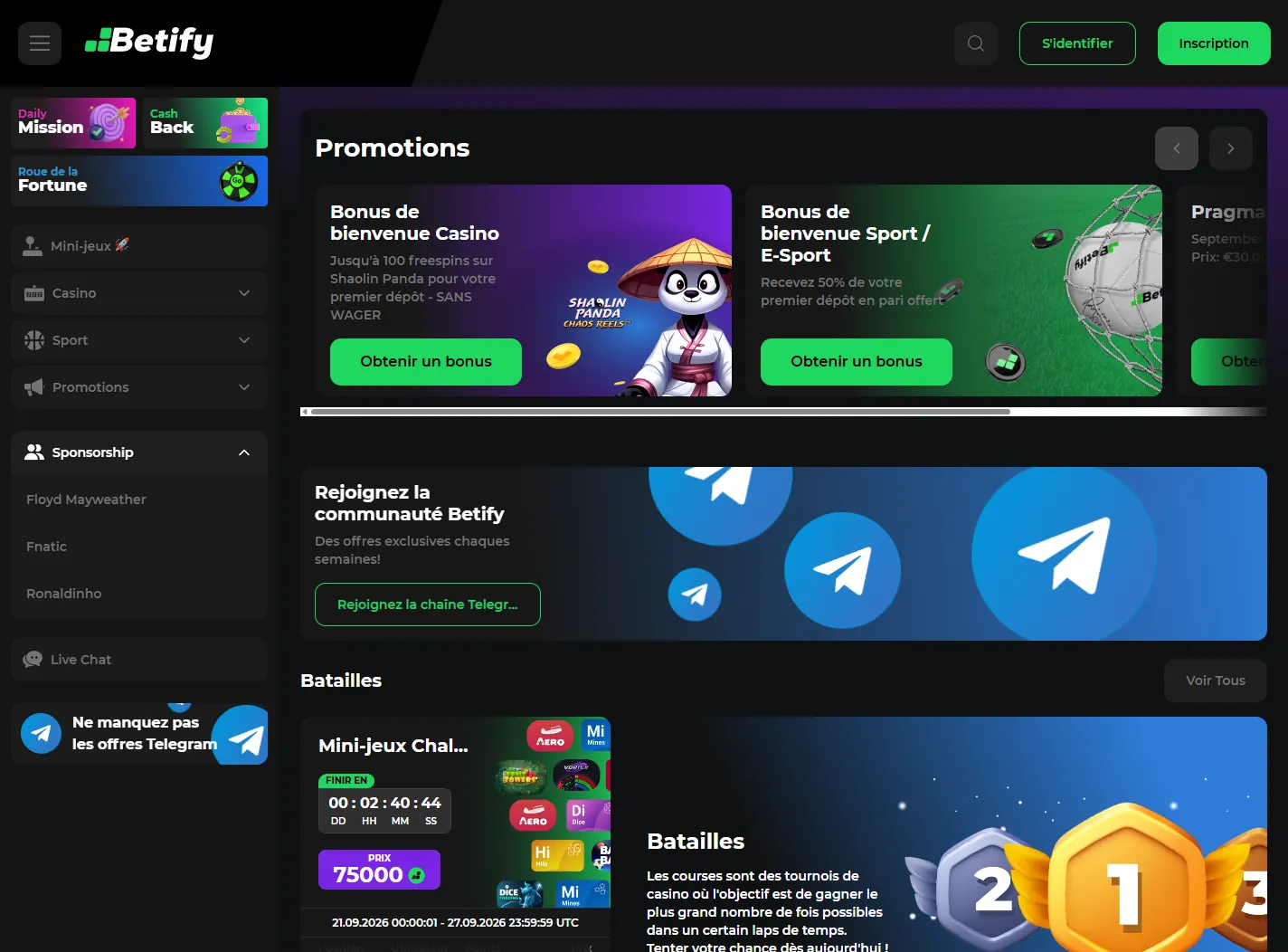 Page des promotions Betify avec le bonus casino, le bonus sport et le tournoi Pragmatic